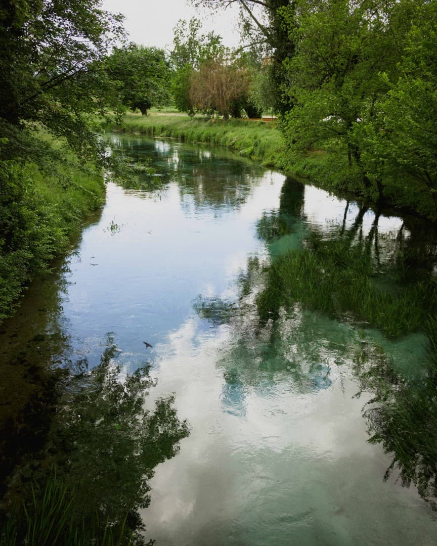 Il corso d'acqua della sorgente di Santa Susanna tra le rive verdi